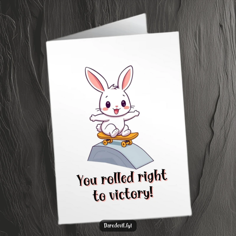 Funny Free Printable Congratulations Card: Happy rabbit confidently riding a skateboard down a ramp, acknowledging success.