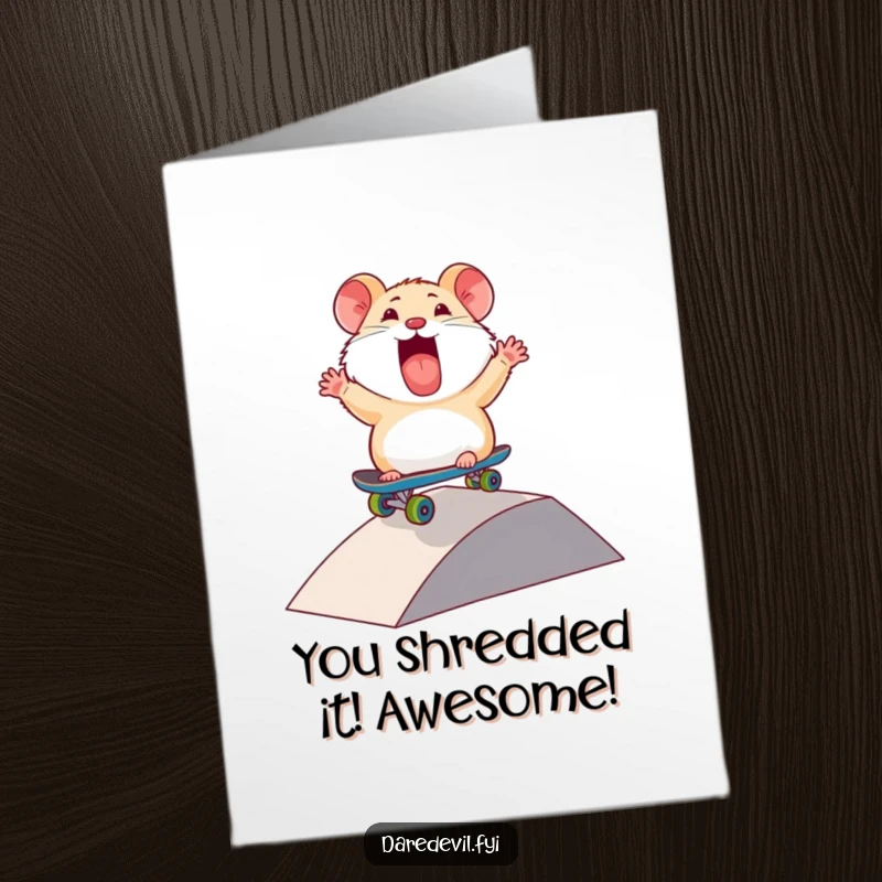 Funny Free Printable Congratulations Card: Thrilled hamster shredding downhill on a mini skateboard, a humorous symbol of success, perfect downloadable art.