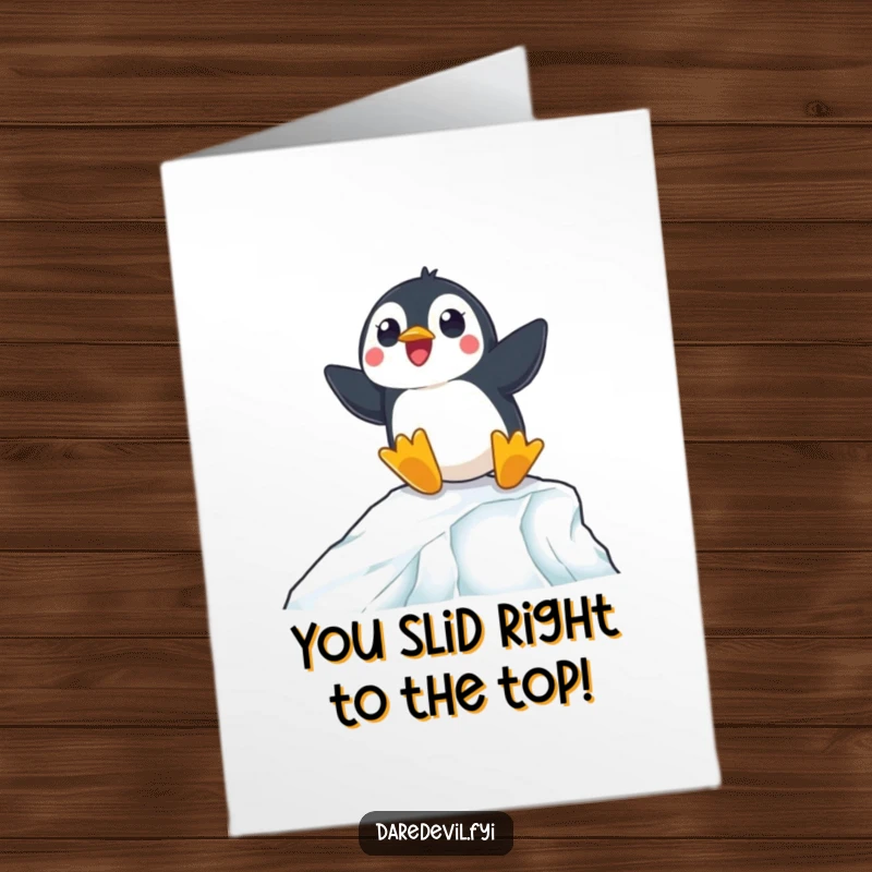 Funny free printable congratulations card showing a penguin surprised but expertly handling a steep icy ramp.