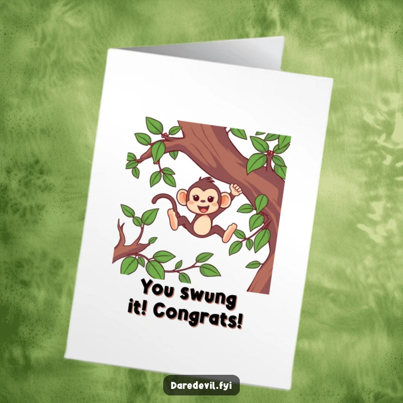 Funny Free Printable Congratulations Card: A lively monkey swings through vines, celebrating a speedy success.
