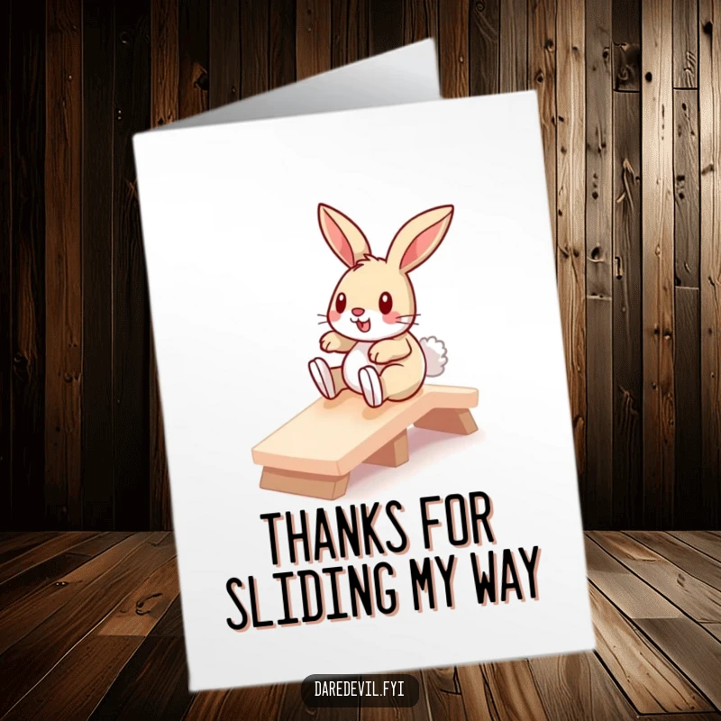 Funny free printable thank you card: A joyful bunny slides down a ramp, spreading thanks with a comical and energetic expression. Easy to print at home.