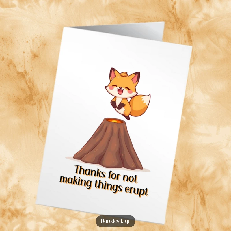 Funny Free Printable Thank You Card: Cute fox smiling while leaping over a tiny volcano, expressing thanks.