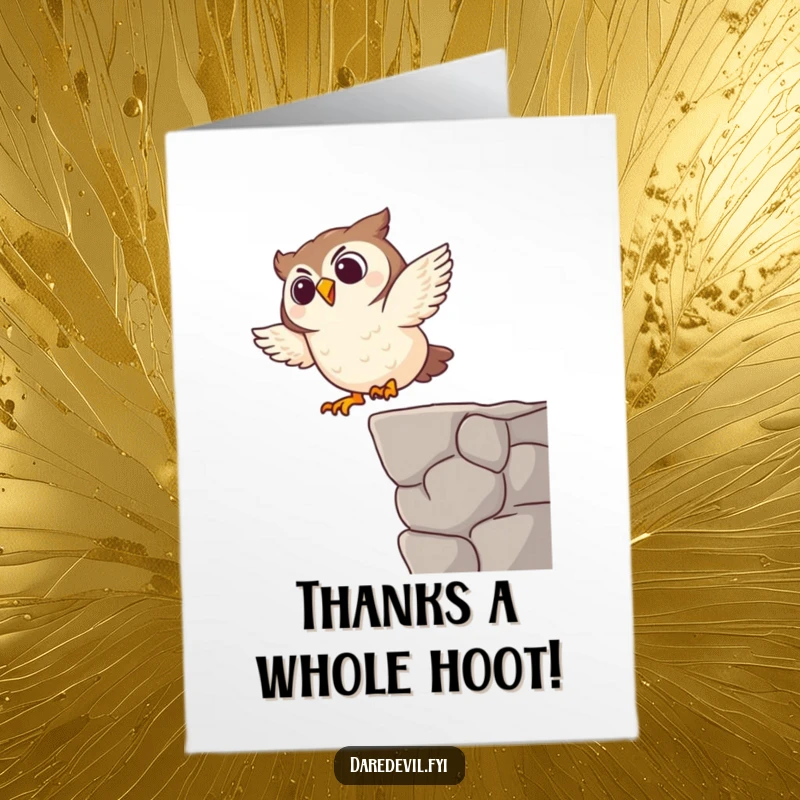 Funny Free Printable Thank You Card: Giggling owl character in a daring dive, expressing gratitude with a humorous twist.