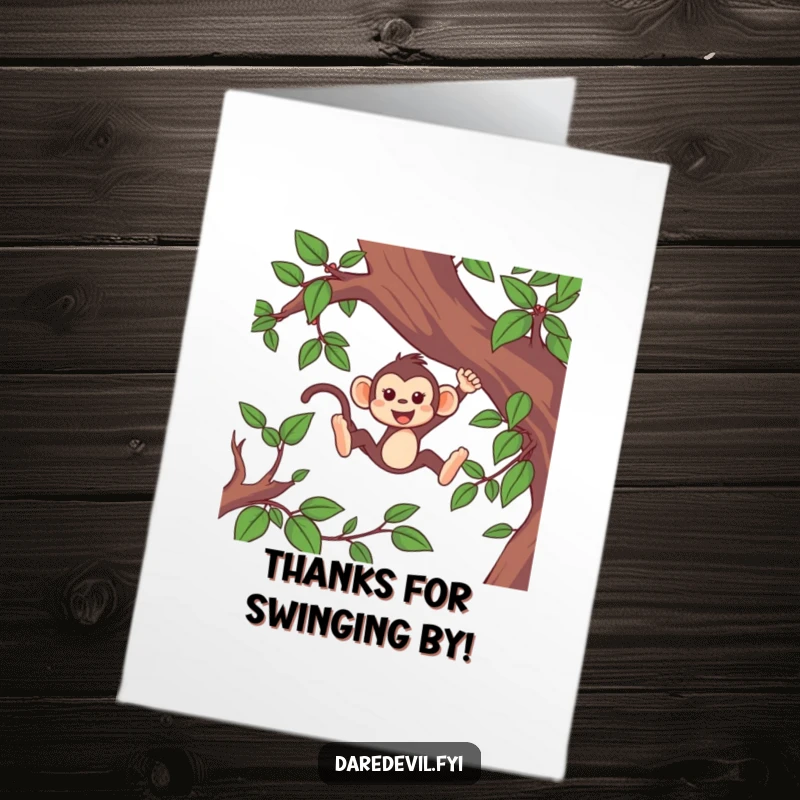 Funny Free Printable Thank You Card: A lively monkey swings through vines, sending playful gratitude.