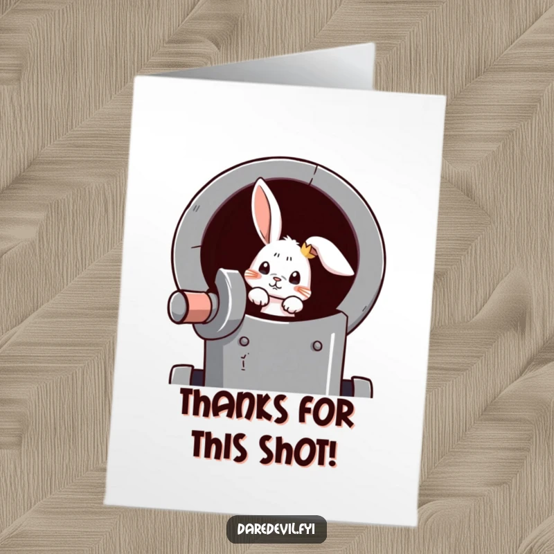 Funny Free Printable Thank You Card: A curious rabbit peeks from a cannon, launching thanks.