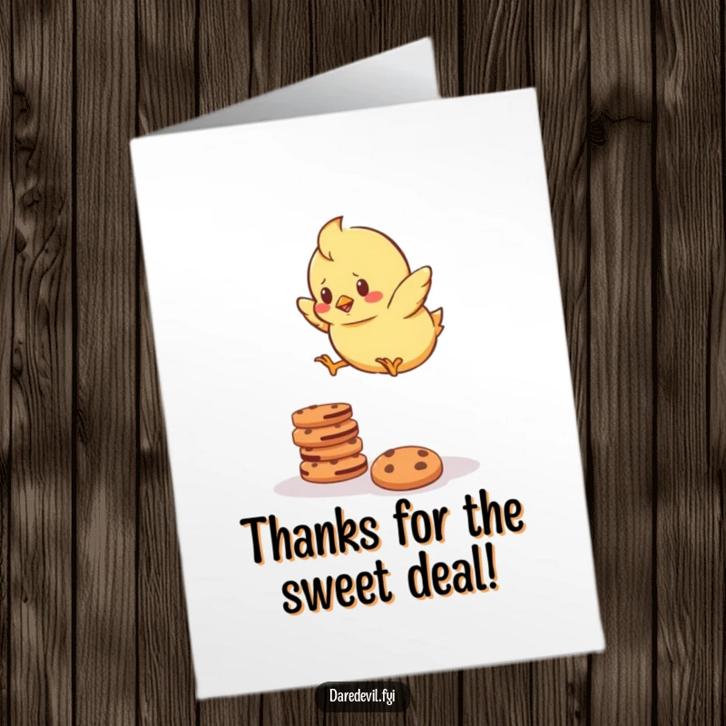 Funny Free Printable Thank You Card: A determined chick mid-jump over a stack of cookies, a cute way to say thanks.
