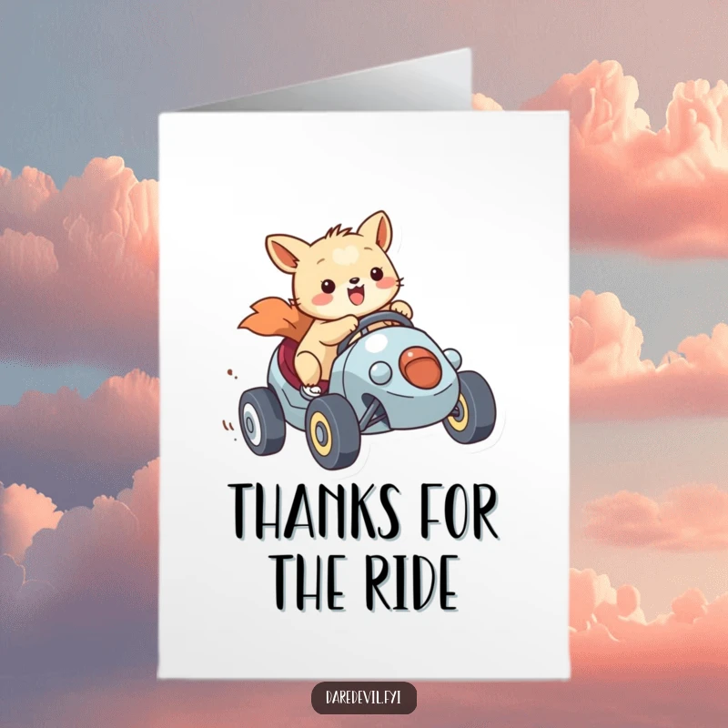 Funny free printable thank you card: A happy animal character zooms in a small vehicle, thanking them with speed and a smile.