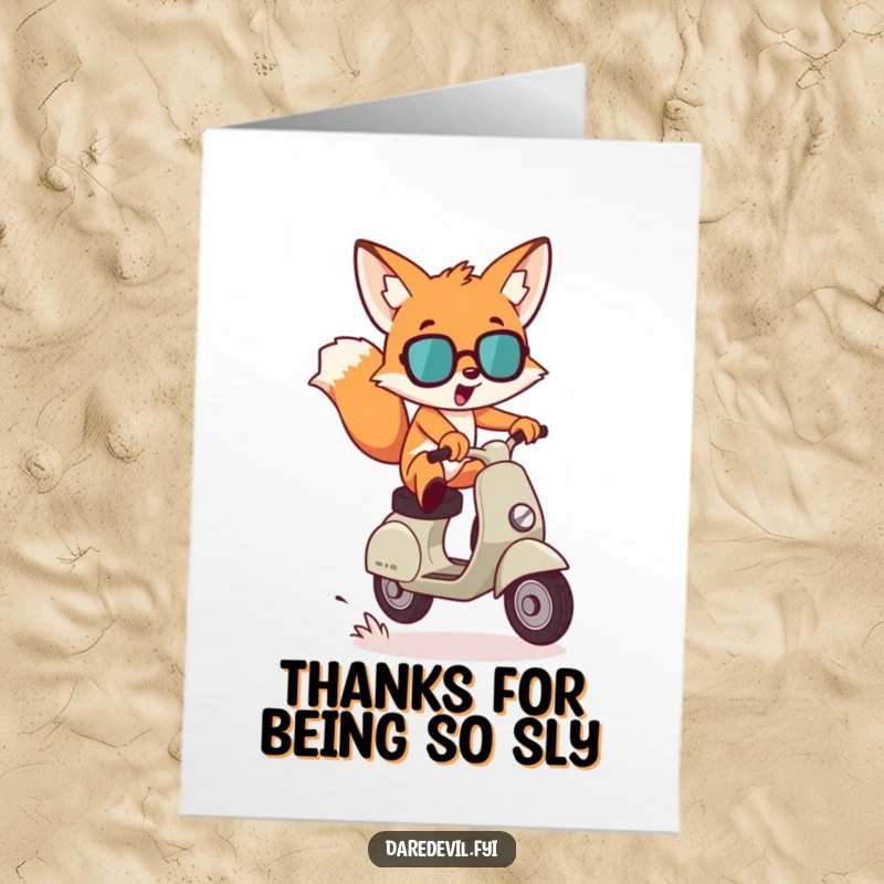 Funny Free Printable Thank You Card: Mischievous fox leaping gap on scooter, a bold DIY printable gift.