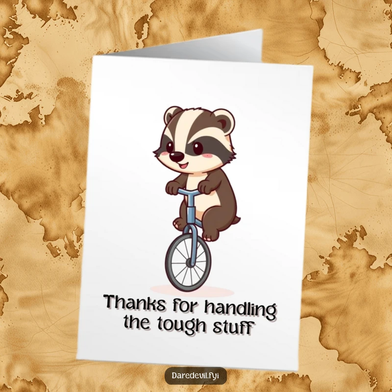 Funny Free Printable Thank You Card: A focused badger struggling to balance on a unicycle, sending thanks with effort.