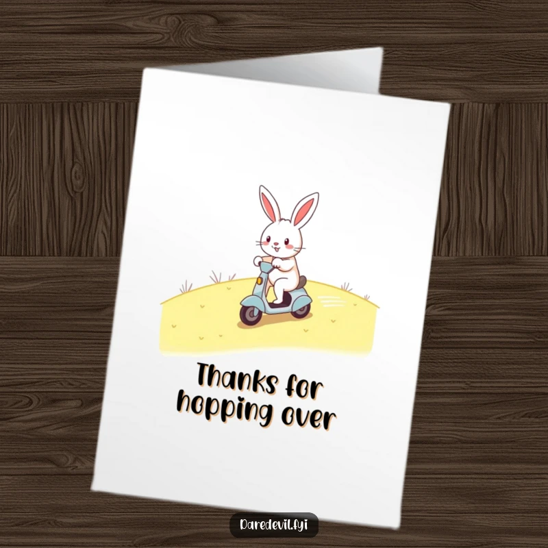 Funny Free Printable Thank You Card: A cheerful rabbit zooms on a scooter, showing thanks with speed.