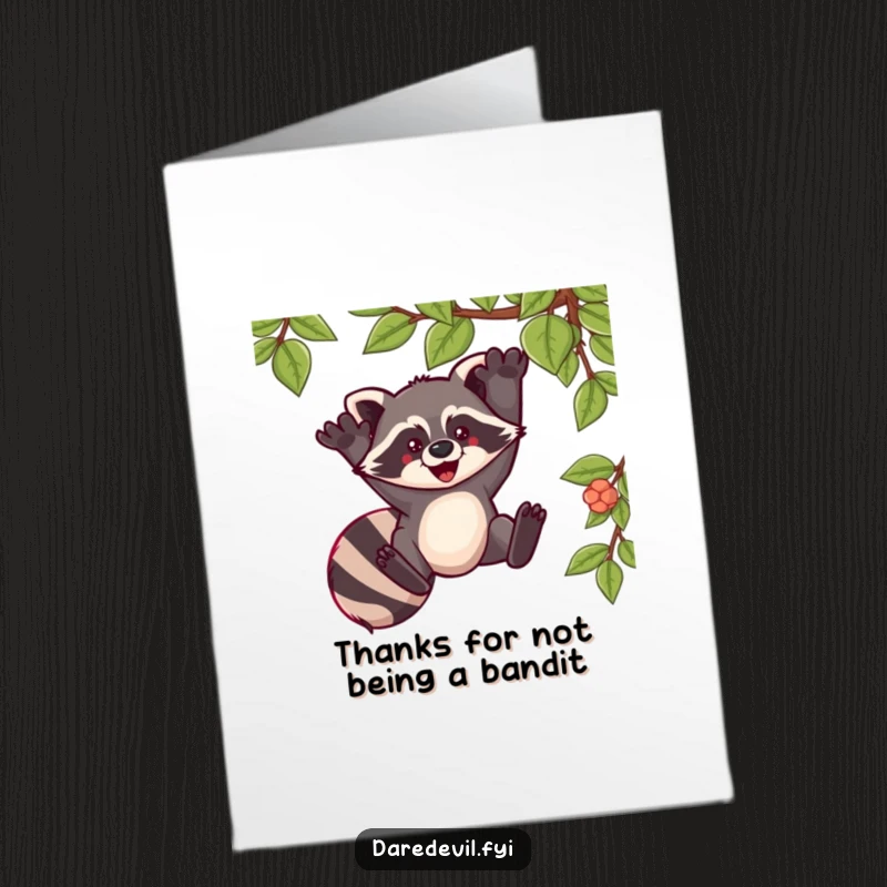 Funny free printable thank you card featuring a raccoon swinging wildly from a vine, conveying thanks with flair.