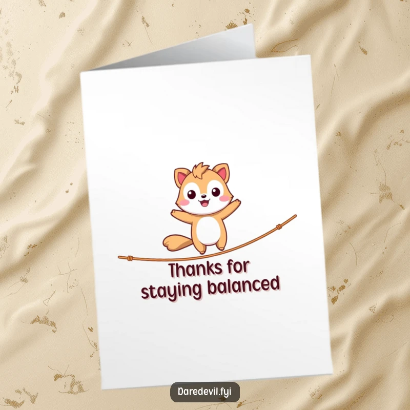 Funny free printable thank you card: A brave animal character walks a tightrope with a happy grin, thanking them for their courage.