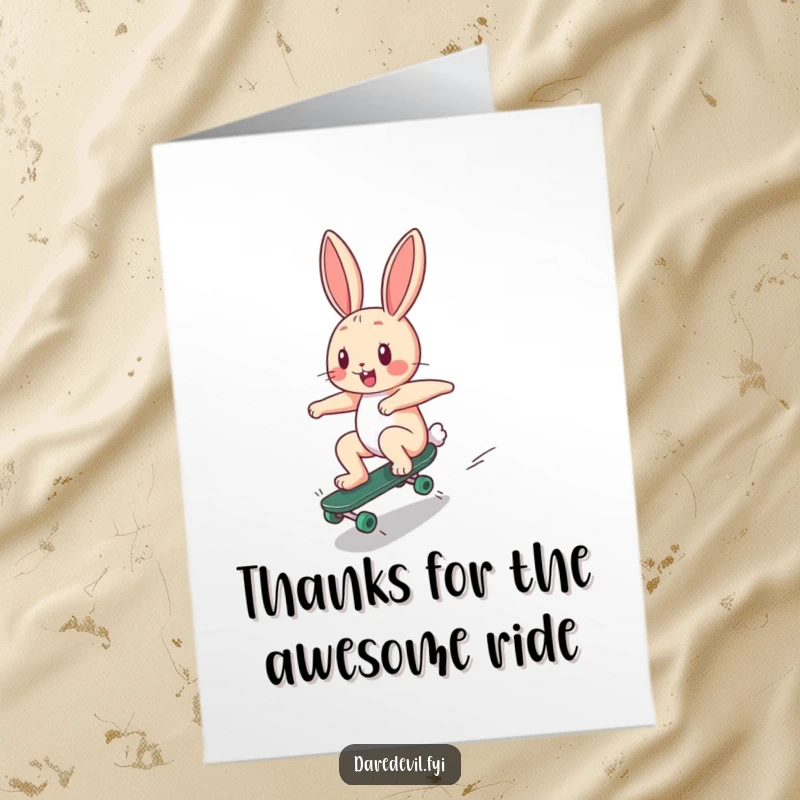 Funny Free Printable Thank You Card: Happy bunny zooming down a ramp on a skateboard, a fun DIY gift.