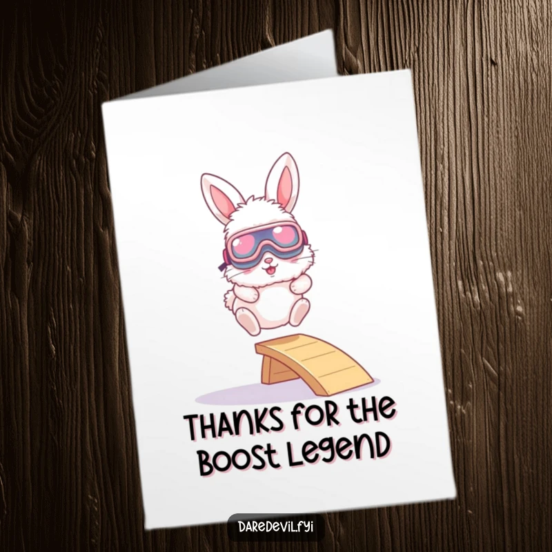 Funny Free Printable Thank You Card: A bunny with huge goggles launches off a tiny ramp, saying thanks.