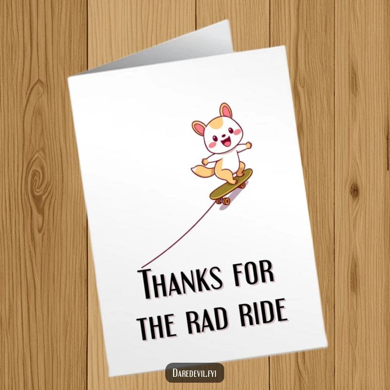 Funny free printable thank you card of a happy animal character shredding down a ramp on a skateboard.