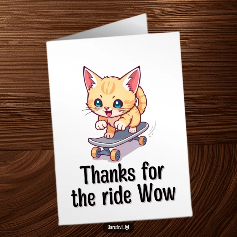 Funny Free Printable Thank You Card: A kitten zooms down a slide on a skateboard, sending thanks.