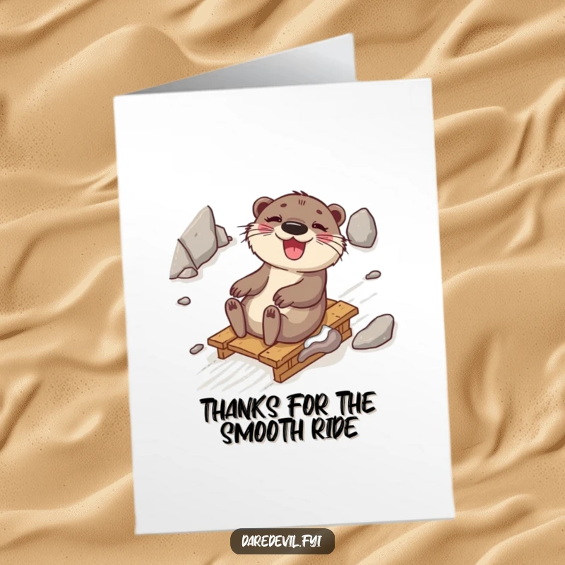 Funny Free Printable Thank You Card: A delighted otter sliding on a sled, conveying thanks with pure joy and laughter.