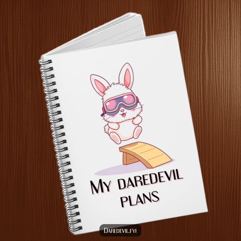 Funny notebook with a fluffy bunny wearing oversized goggles, leaping from a tiny ramp, ideal for notes and adventures.