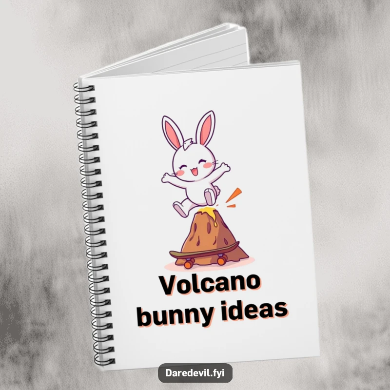 Funny bunny character skateboarding over a small volcano, designed for a notebook cover to inspire fun ideas.