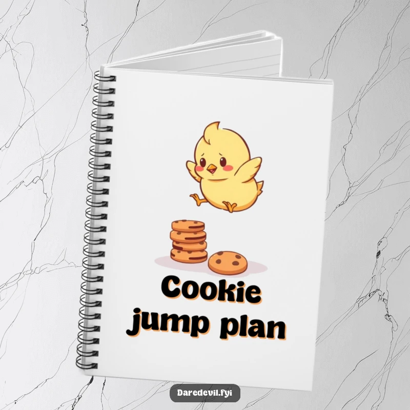 Funny Notebook with a determined chick bravely attempting to jump over a stack of cookies, perfect for jotting down ambitious plans.
