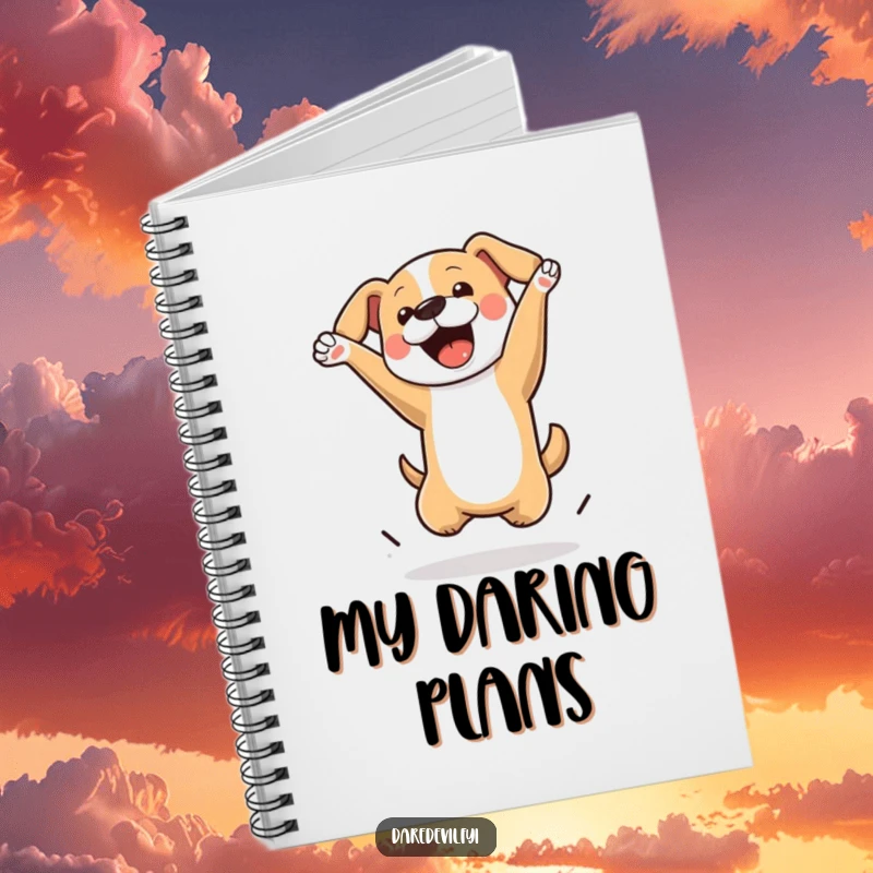 Funny Dog Notebook featuring a dog performing a spectacular flip in the air, ideal for jotting down energetic ideas.