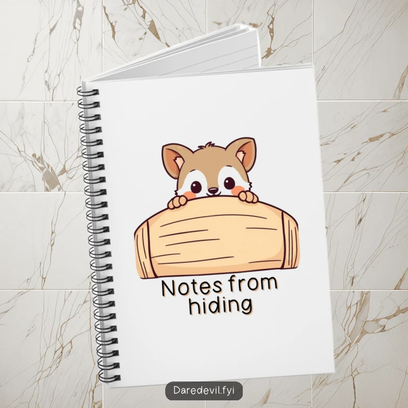 Funny Journal with a curious animal character playfully peeking over a large, fun obstacle, a humorous notebook for inquisitive minds.