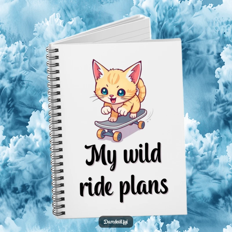 Funny notebook with a playful kitten aggressively skateboarding down a slide, ideal for notes and fast ideas.