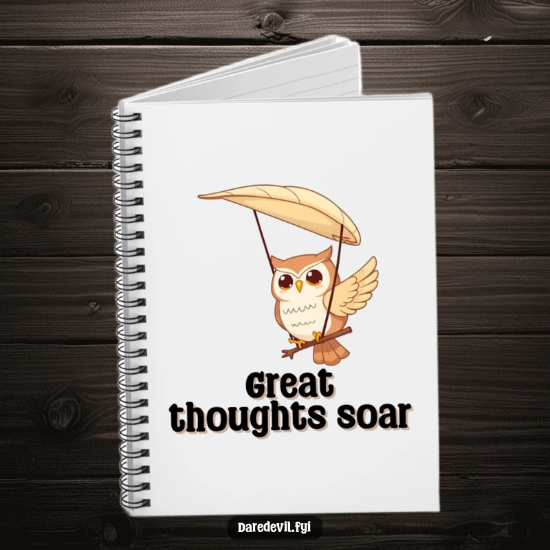 Funny notebook cover with a contented owl character paragliding using a large feather, perfect for jotting down adventurous ideas and dreams.