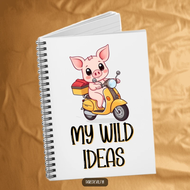 Funny piglet bravely riding a scooter with wide eyes, depicted on the cover of a notebook, inspiring humorous writing.
