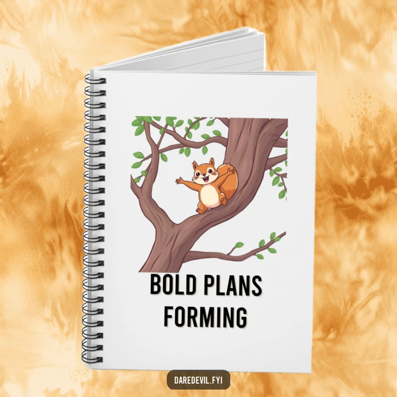 Funny squirrel notebook, brave squirrel jumping from tree branch, for jotting down bold ideas with humor, creative and funny gift.