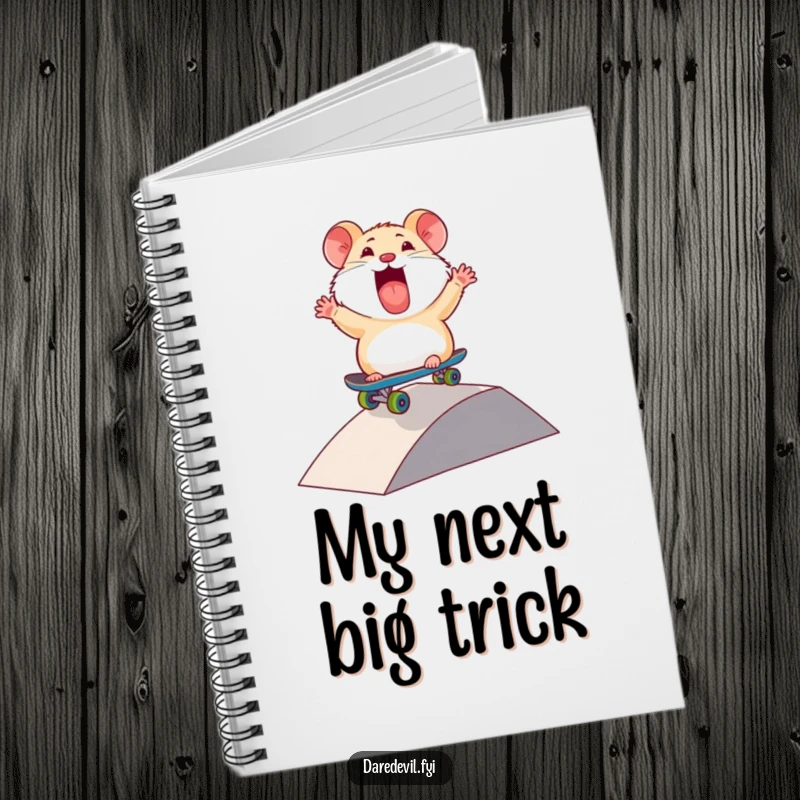Funny Hamster Notebook: A thrilled hamster character rides a mini skateboard down a ramp, inspiring the capture of exciting ideas.