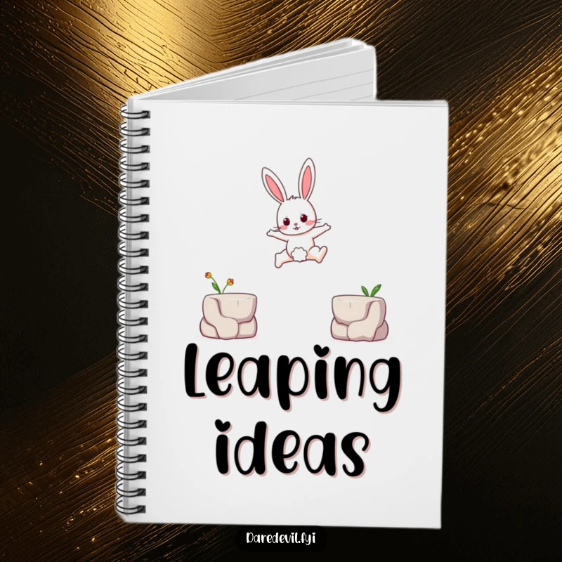 Funny notebook cover featuring a brave rabbit character leaping across a small gap between two tiny platforms, inspiring daring planning.