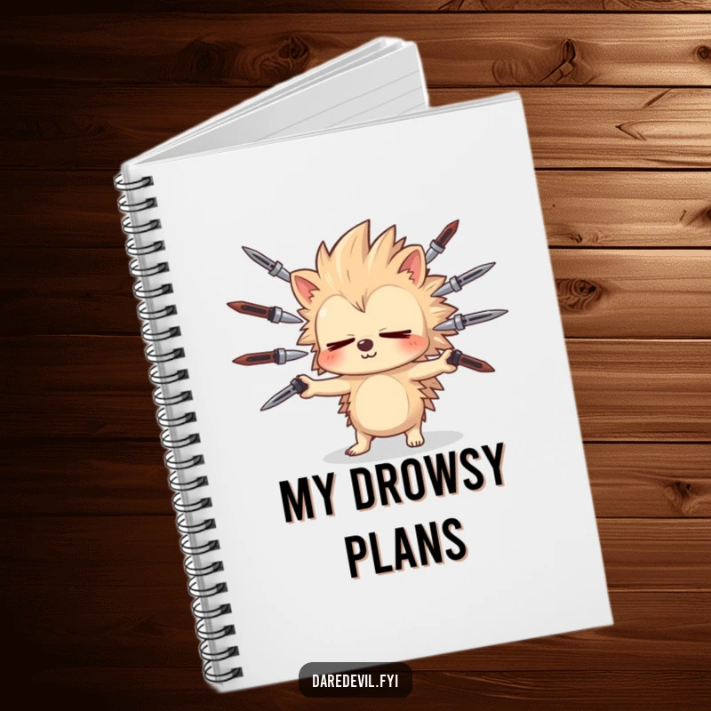 Funny sleepy hedgehog juggles sharp objects, inspiring daring ideas on a funny notebook.