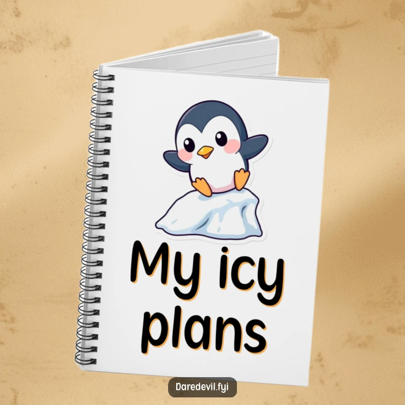 Funny Penguin Notebook: A playful penguin character slides down a miniature icicle on the cover, inspiring funny winter thoughts.