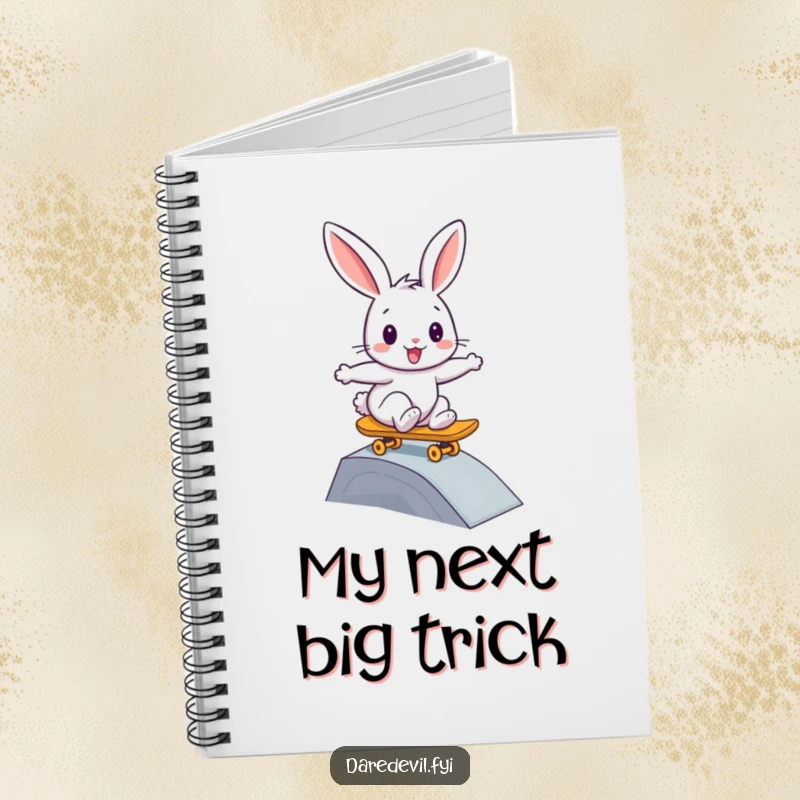 Funny rabbit notebook, featuring a bunny bravely skateboarding down a ramp on its cover, for writing.