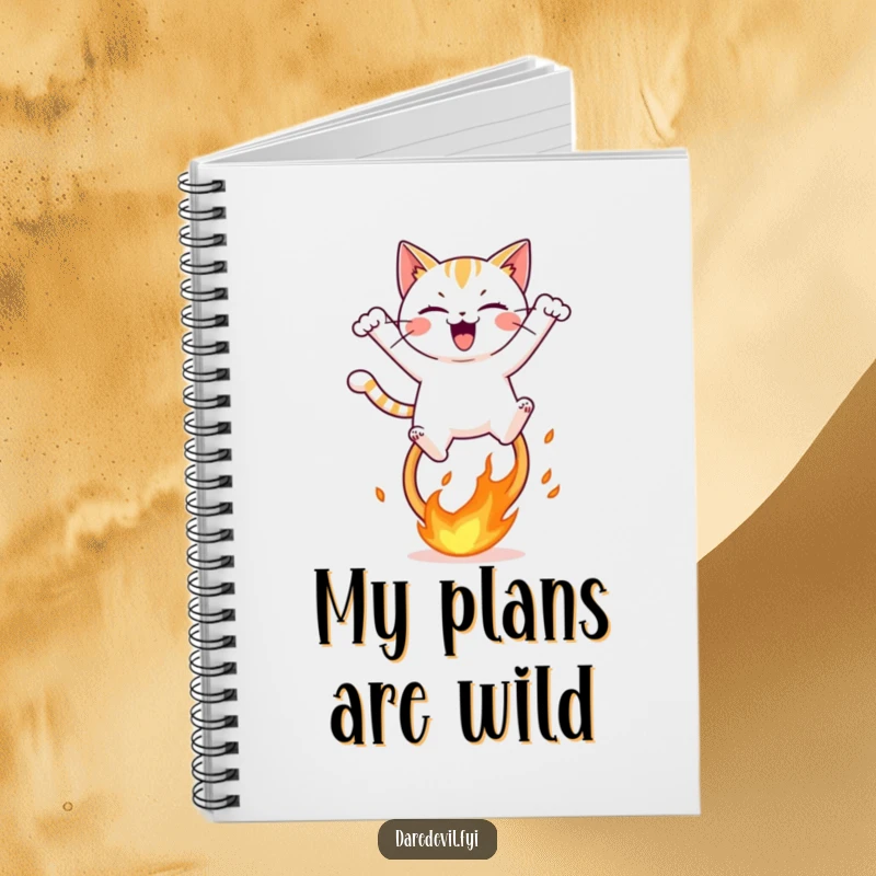 Funny notebook featuring a mischievous cat leaping with immense joy over a fiery hoop, perfect for jotting down daring ideas.