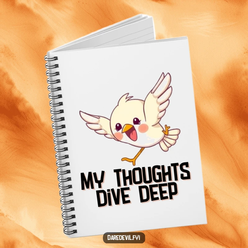Funny notebook cover with a bird gleefully diving headfirst, perfect for jotting down inspired thoughts and joyful ideas.