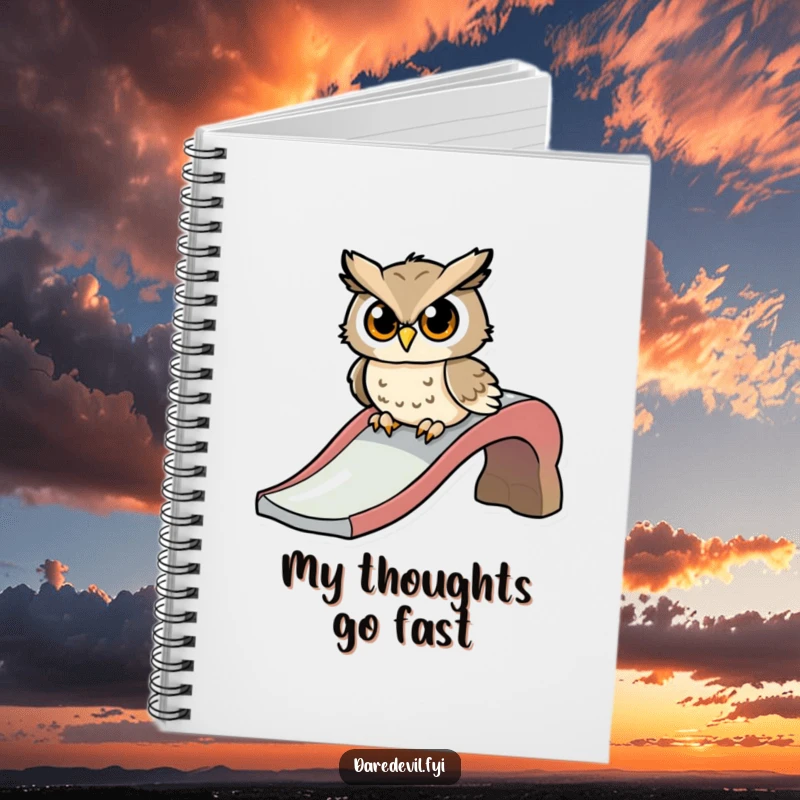 Funny notebook featuring a determined owl character at the top of a slide, ready to zoom down with enthusiasm.