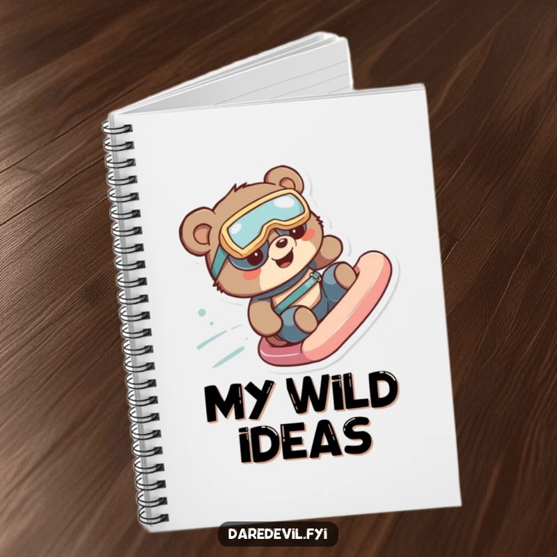 Funny bear with goggles speeds down a slide, inspiring adventure and note-taking on a funny notebook.