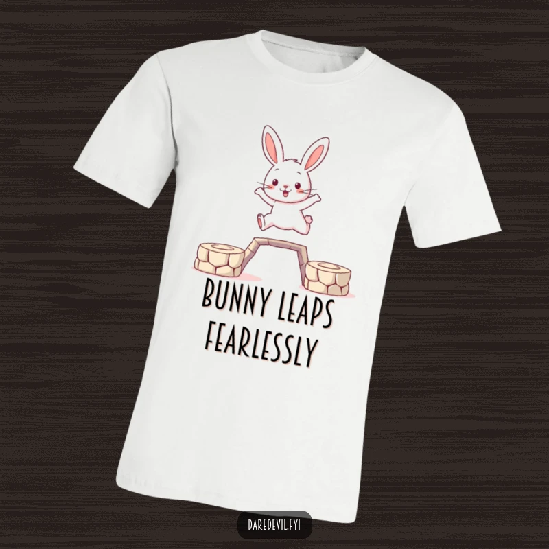 Funny Rabbit T-Shirt: A brave rabbit character is captured mid-leap, bravely crossing a gap between two small platforms with determination.