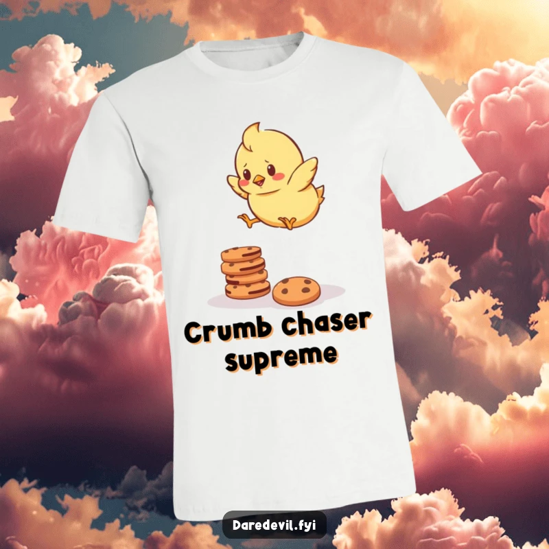 Funny T-Shirt depicting a determined chick bravely jumping over a stack of cookies, celebrating courage and deliciousness.