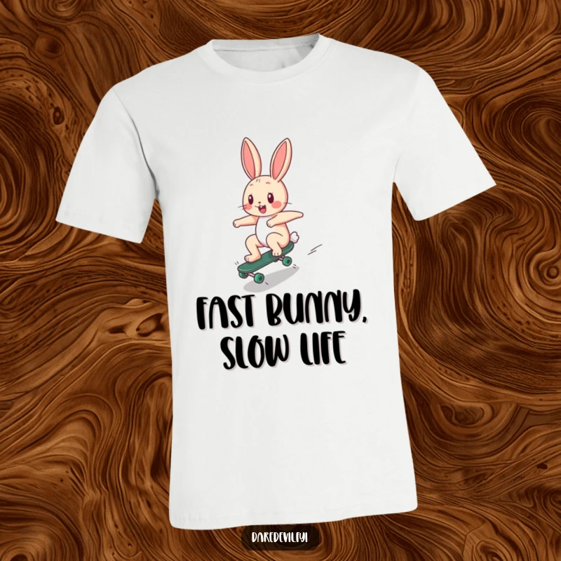 Funny T-Shirt: A happy bunny character is zooming down a ramp on a tiny skateboard, showcasing extreme sports humor.