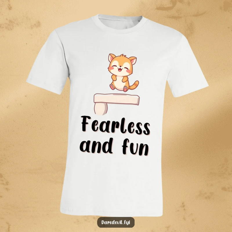 Funny T-Shirt of a giggling animal character captured mid-leap off a small ledge, exuding playful happiness.