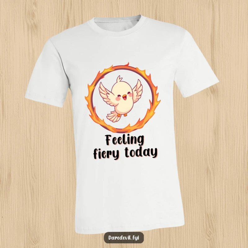 Funny bird t-shirt of a joyful bird courageously soaring through a hoop shaped like a fiery ring, embodying bravery.