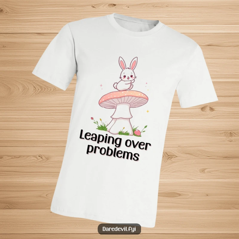 Funny bunny t-shirt featuring a fluffy bunny bravely leaping over a giant, sparkly mushroom, celebrating courage and magical moments.