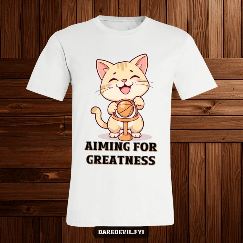 Funny grinning cat character intently aiming a ball towards a small hoop on a fun, athletic t-shirt.