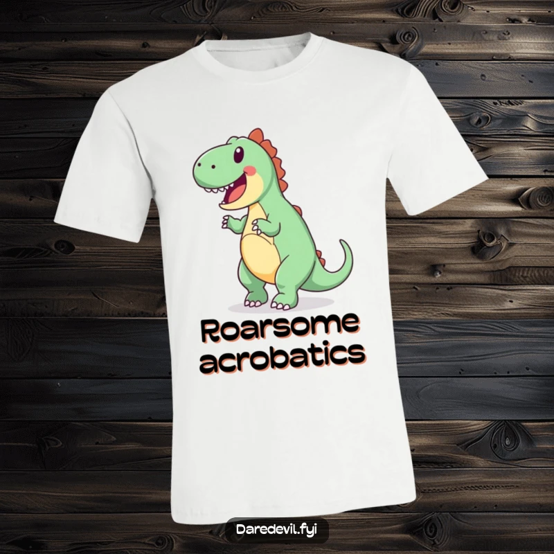 Funny t-shirt illustrating a joyful dinosaur attempting a backward somersault with pure enthusiasm, showcasing fun.
