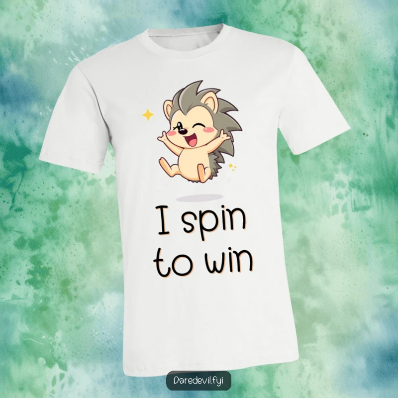 Funny hedgehog character in mid-somersault, full of energy and joy, printed on a comfortable t-shirt.