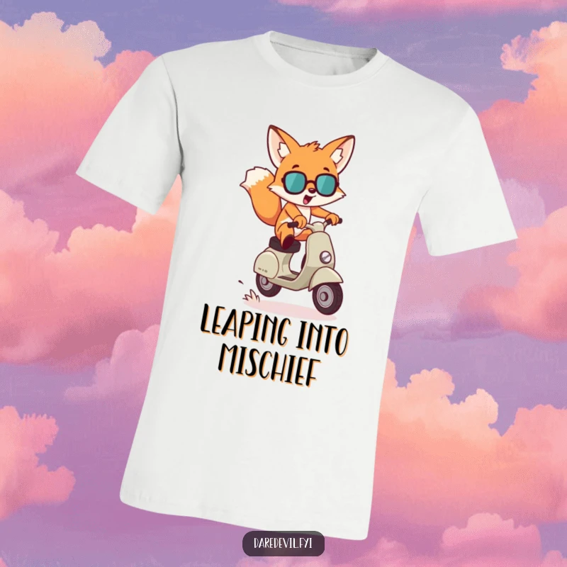 Funny T-Shirt: A mischievous fox character is leaping dramatically over a small gap on a scooter, showcasing thrilling humor.