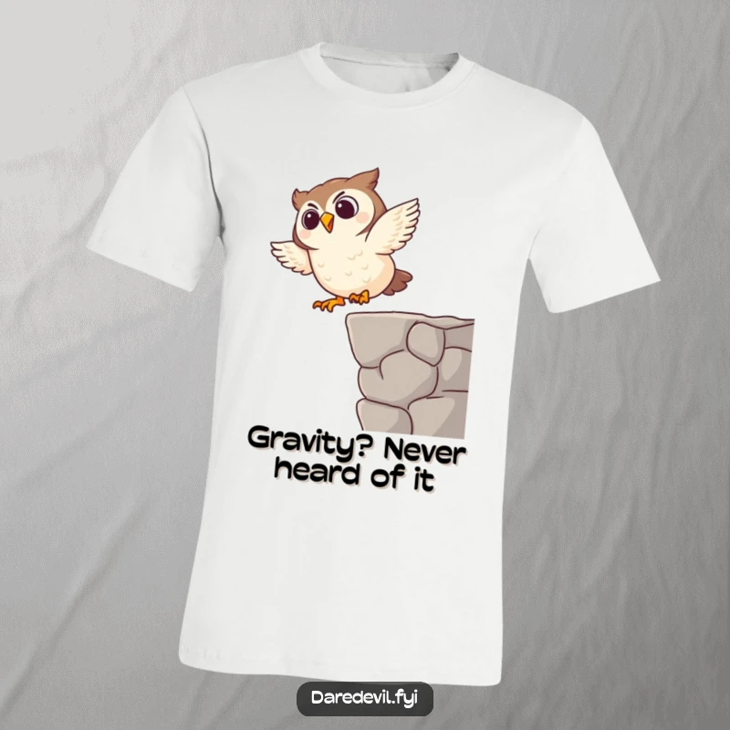 Funny t-shirt depicting a giggling owl character performing a daring, comical dive from a small ledge, radiating pure amusement.